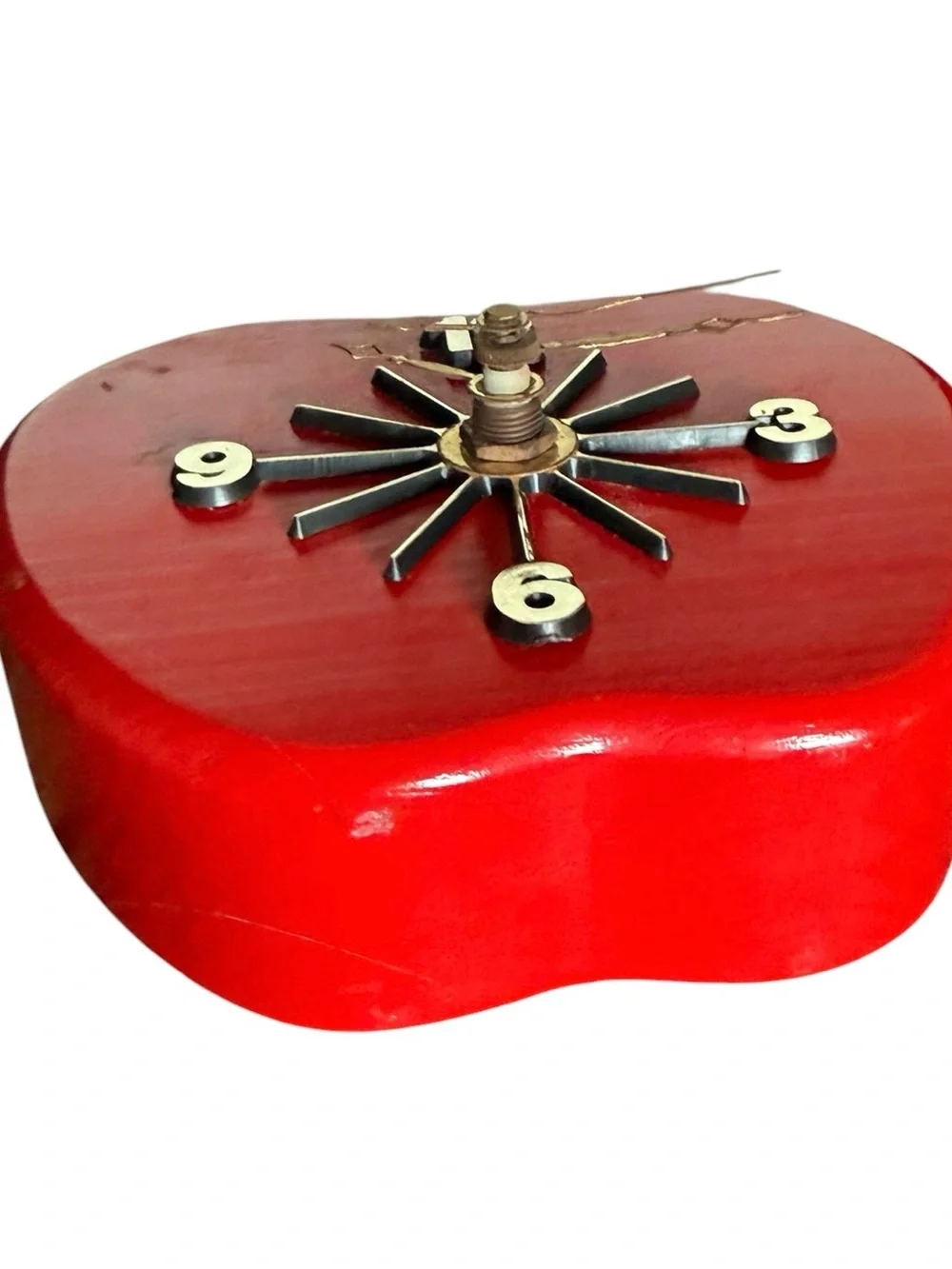 Vintage Red Wood Apple Clock with Gold Hands- Hand-Crafted- Works